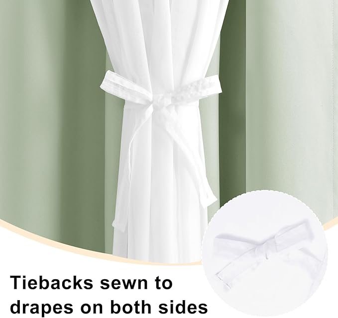 Hiasan Blackout Curtains with Sheer Overlay, Thermal Insulated Mix & Match Double Layer Room Darkening Curtains for Bedroom, Living Room, Nursery, 2 Window Panels with Tiebacks, Seafoam, 52W X 84L