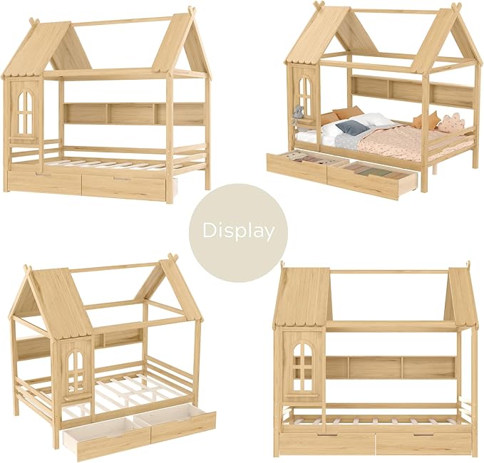 Full House Bed with Drawers and Window, Solid Wood House Platform Bed with Shelves, Full Bed Frame with House-shaped Roof for Kids, Boys, Girls, No Box Spring Needed and Childlike Design, Natural