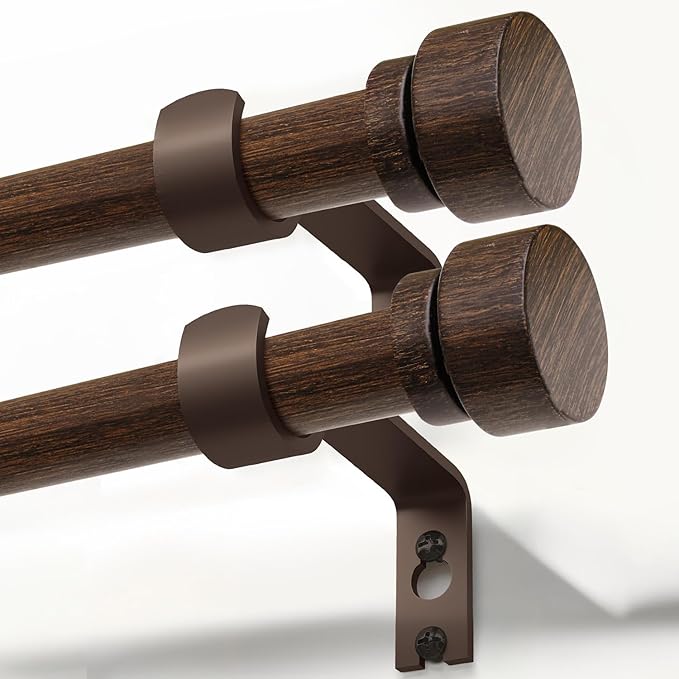 2 Pack Deep Walnut Wood Grain Curtain Rods for Windows 48 to 84 Inches 1" Diameter Heavy Duty Window Curtain Rod Adjustable with Solid Finials for Living Room Bedroom Kitchen Farmhouse Outdoor