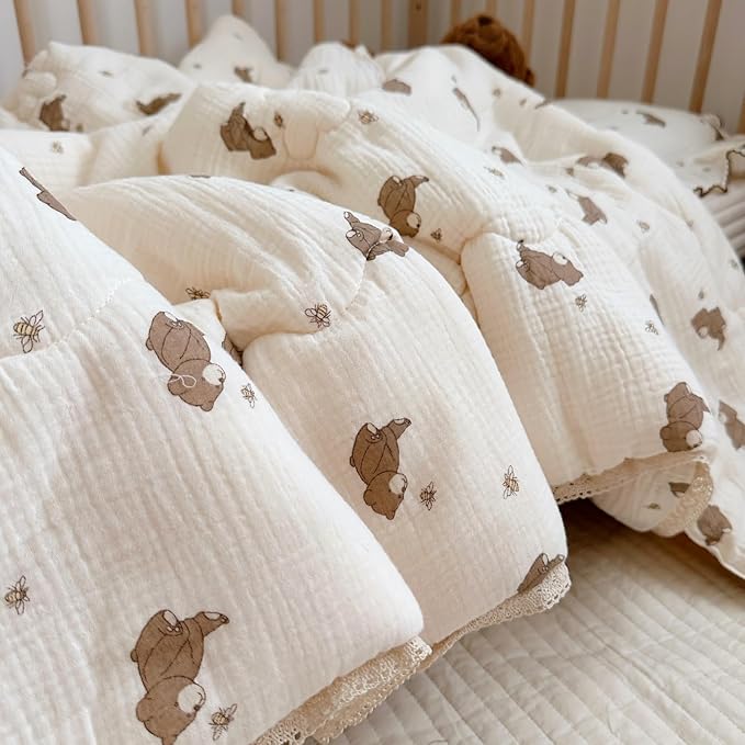 BuLuTu 100% Muslin Toddler Quilt Thin Crib Comforter Girls Boys Quilted Blankets, 60"x78", 2.5 Pounds, Soft Breathable Muslin Cotton Quilts, Bee Bear Pattern, Machine Washable
