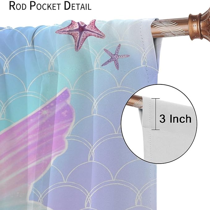 Fantasy Mermaid Curtain Colorful Rainbow Fish Tail Ocean Theme Beautiful Kids Window Treatment for Girls Bedroom Nursery Room Decor Rod Pocket Window Drapes 42x45in