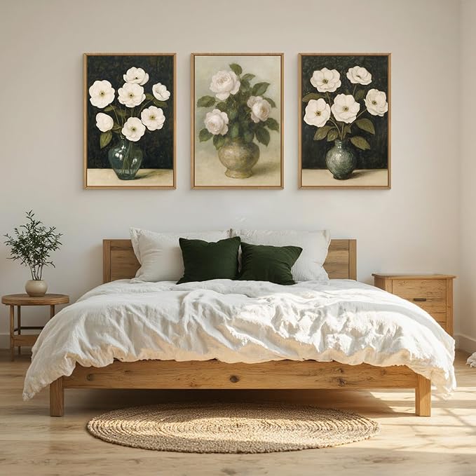 FWIEXA Vintage Floral Canvas Wall Art Set of 3, Framed French Country Pictures Wall Decor, Retro Botanical Painting, 16x24 Inches Rustic Black White Flower Aesthetic Prints Artwork for Living Room, Bedroom, Bathroom, Farmhouse