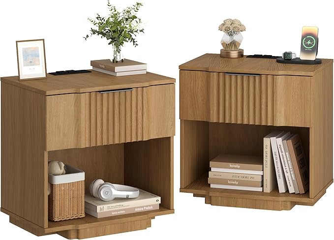 XIAO WEI End Table with 20W Fast Charging Station Set of 2,Fluted Side Table with Storage,End Table with Drawers,Sofa Table for Living Room, Natrual