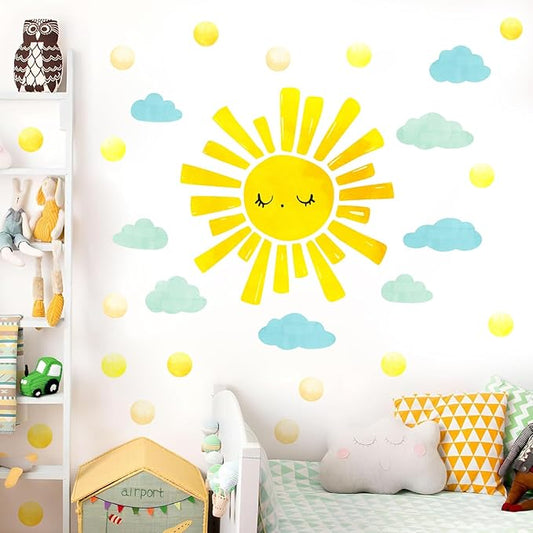 Watercolor Sun Cloud Wall Decals Large Sun and Clouds Wall Stickers Yellow Polka Dots Decal Peel and Stick Big Sun Wall Stickers for Kids Room Baby Nursery Bedroom Playroom Decor