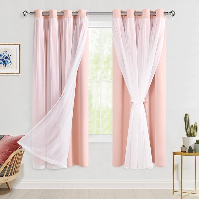 Hiasan Blackout Curtains with Sheer Overlay, Thermal Insulated Mix & Match Double Layer Room Darkening Window Curtains for Bedroom,Living Room,Nursery 2 Panels with Tiebacks (52W X 63L,Blush Pink)