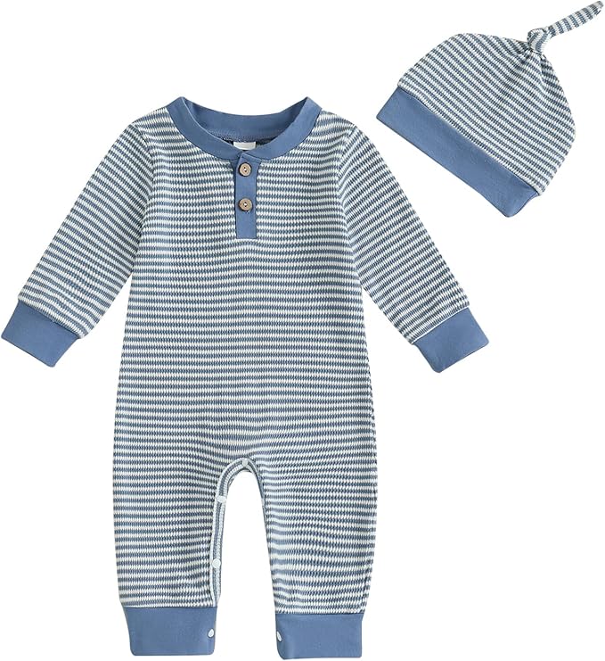Infant Boys Fall Clothes Newborn Baby Romper Hat Stripe Knit Long Sleeve Bodysuit Jumpsuit Baby Going Home Outfit