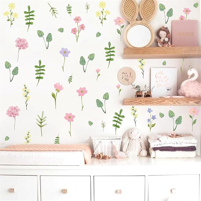 Flower Floral Wall Decal Small Colorful Flower Wall Stickers Flowers Leaves Decals Wildflower Floral Leaf Sticker Cute Flower Leaf Decal for Nursery Girls Room Bedroom Decor