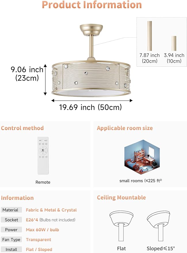 20" Gold Fandelier Ceiling Fan with Light, Gold Chandelier Ceiling Fans with Lights Remote Control, Caged with 6 Speeds for Bedroom, Living Room, Nursery