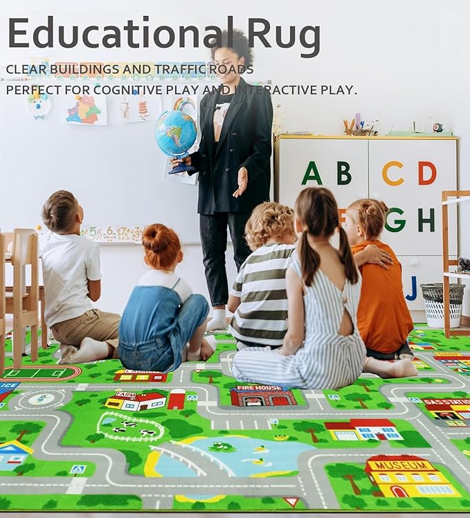 Kids Carpet Playmat Rug 5'0''x6'6'', Kids Rugs for Bedroom, Non-Slip Town City Road Map Car Rugs for Kids Toy Cars, Track Carpet Play Rug for Playroom Classroom Decor (Green)