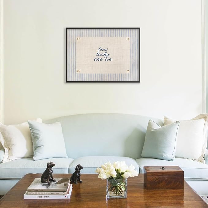 How Lucky Are We Quote Wall Art Navy Blue Positive Affirmations Poster 08x10 inch Black Framed Trendy Minimalist Aesthetic Canvas Prints for Dorm Bedroom Wall Decor