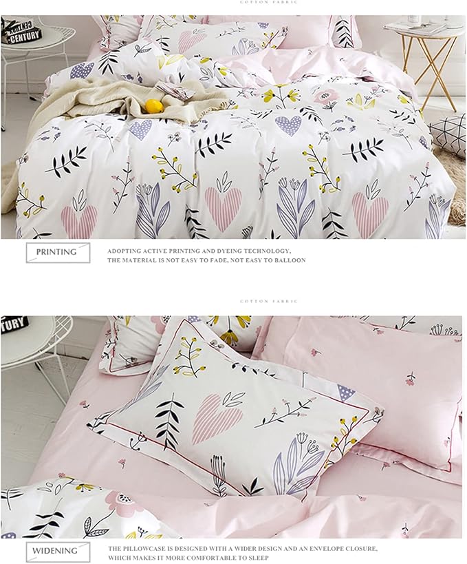 Girls Duvet Cover Queen Floral Bedding Sets White Pink Premium Cotton Colorful Pink Flower Aesthetic Bedding Cover Queen for Teens Women Reversible Comforter Cover Boho Branches Bedding Collection