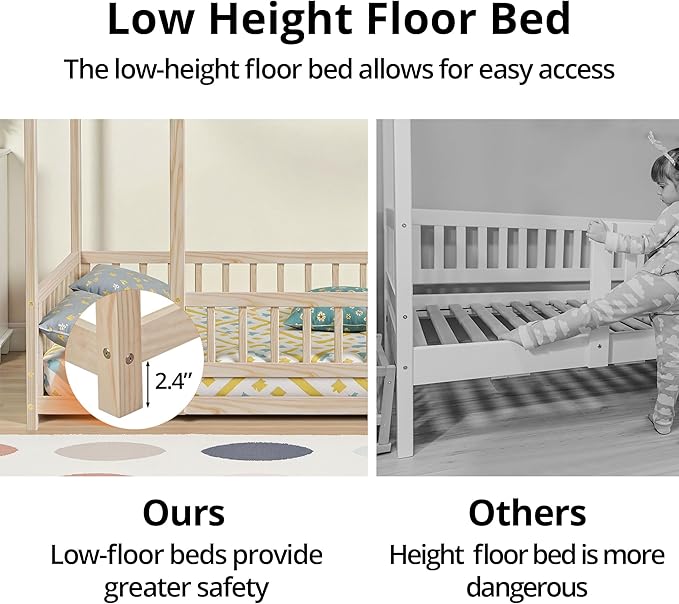 LLS Full Size House Bed with Fence, Wooden Montessori Bed with Roof Design, Floor Bed Frame for Boys Girls Bedroom, Natural
