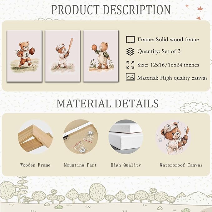 3Pcs Nursery Bear Canvas Wall Art Nursery Animal Poster Prints Teddy Bear Painting Boy Sports Picture Football Basketball Kids Room Artwork Wall Decor for Children Bedroom Playroom 12x16in Framed
