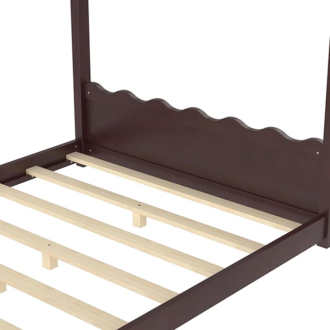 Full Size Wooden House Floor Bed - Kids Bed Frame with Roof & Support Slats for Bedroom, No Box Spring Needed, Easy Assembly (Espresso)