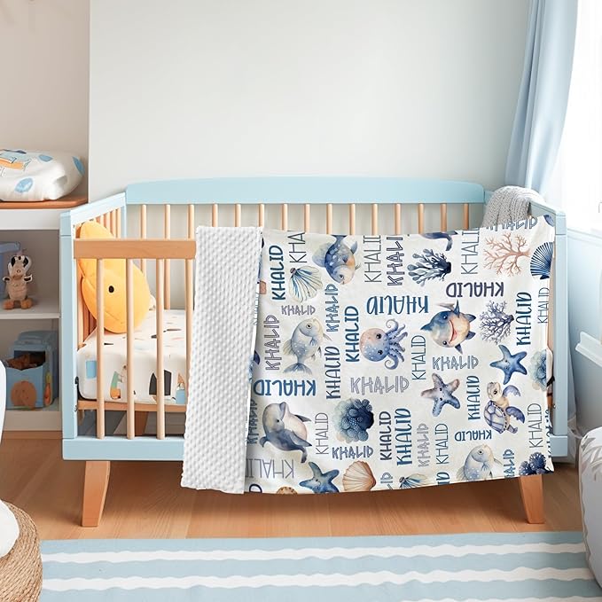 Personalized Baby Blanket with Name, Customized Blanket for Newborn Boys Girls, Ocean Animals Flannel Baby Name Blanket with Dotted Backing, Receiving Swaddle, Gifts for New Parents(47" x60)