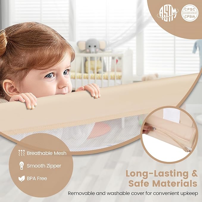 HONEY JOY Bed Rail for Toddlers, 59-in Extra Long, Portable Safety Bed Guardrail w/Double Safety Child Lock, Foldable Baby Bed Rail Guard, Fit King & Queen Full Twin Size Bed Mattress (1 Pack, Beige)