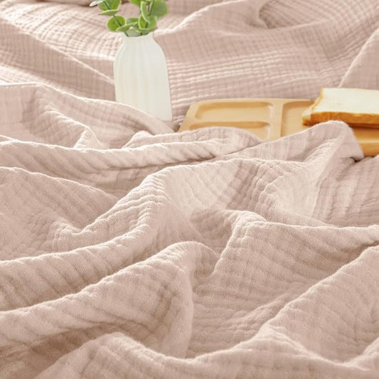PHF 100% Cotton Muslin Blanket Twin XL Size 66"x90", 4-Layer Lightweight Gauze Throw, Breathable Cloud-Soft Minimalist Blanket for Bed, Couch, Camping & Baby, Dusty Pink, Ideal Gift