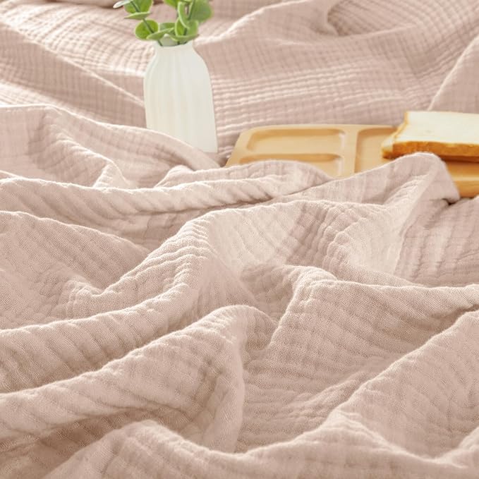 PHF 100% Cotton Muslin Throw Blanket 50" x 60", 4-Layer Lightweight Gauze Throw, Breathable Cloud-Soft Minimalist Blanket for Bed, Couch, Camping & Baby, Dusty Pink, Ideal Gift