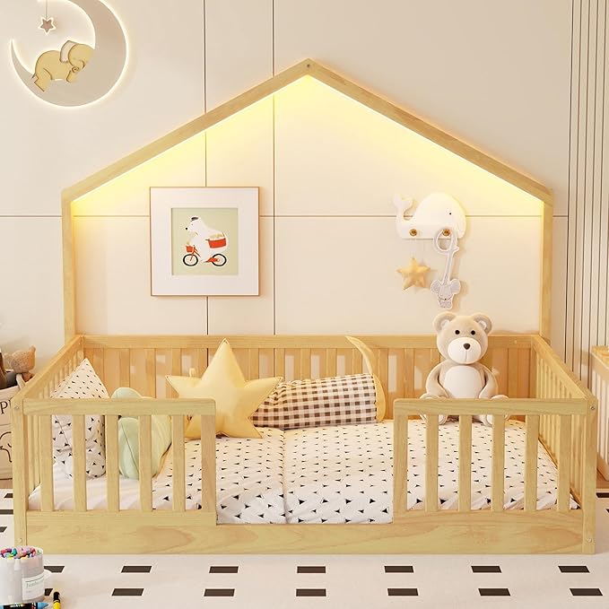 Full Size House Bed for Kids, Low Profile Full Montessori Bed with High Railings, Wood House Shape Montessori Beds with Light & Roof for Kids, Natural