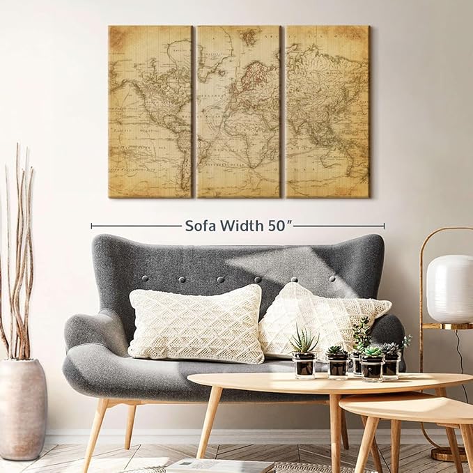 ElephantStock Old Century World Map Wall Art Multi Piece Canvas - 3 Piece Canvas World Map Wall Decor - Ready-to-Hang Print - Vintage Wall Art - 45" X 28"