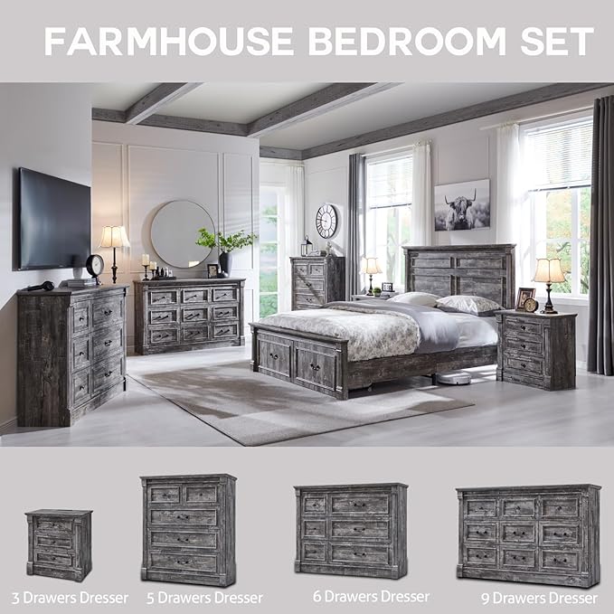 26" Tall Nightstand with Charging Station, Farmhouse 23.6" Wide Large End Table w/Roman Column, Wood Rustic Side Table w/Metal Handle, 3 Drawers Dresser for Bedroom, Living Room, Light Grey