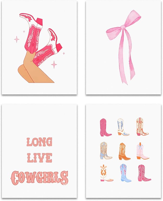 OFJE Pink Preppy Coquette Bow Western Long Live Cowgirls Boot Wall Art Decor Prints Set of 4,Trendy Cowgirl Poster Decor for Room Bedroom Teen Girl Dorm, 8x10 Unframed