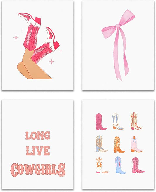 OFJE Pink Preppy Coquette Bow Western Long Live Cowgirls Boot Wall Art Decor Prints Set of 4,Trendy Cowgirl Poster Decor for Room Bedroom Teen Girl Dorm, 8x10 Unframed