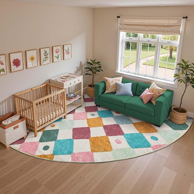 jinchan Macy Kids Rug for Classroom 7ft Radius Corner Washable Area Rug Modern Colorful Quarter Circle Rug Soft Non-Slip Carpet for Nursery Playroom Daycare Reading Nook Living Room Confetti on Cream