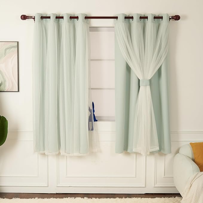 INLINAS Mint Blackout Curtains with Sheer Overlay - Grommets Thermal and Noise Reduction Panels for Bedroom and Living Room Light Blocking and Energy Saving, 52 x 63 Inch, Set of 2