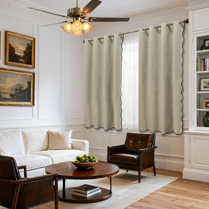ColorBird Linen Blackout Curtains Scalloped Neutral 100% Black Out Winter Thermal Insulated Curtains & Drapes 63 Inch Long for Living Room Bedroom Dining Room Closet Window Treatment