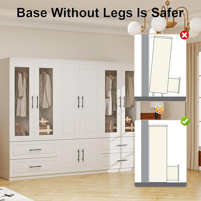 White Armoire Wardrobe Closet with 6 Door: Combination Wood Wardrobe Closet with Glass Door Wooden Bedroom Armoire 4 Drawer with Hanging Rods for Home/Bedroom/Living Room