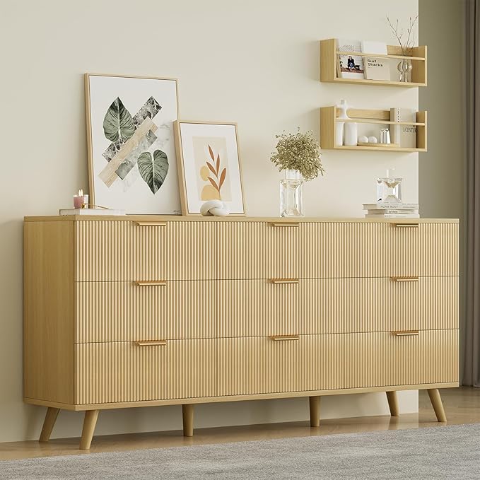 63" Long Fluted 9 Drawer Dresser for Bedroom - Modern Chest of Drawers - Natural Wood Dresser - Boho Storage Wood Organizer for Living Room, Hallway, Closet