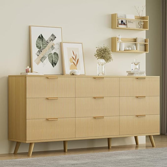 63" Long Fluted 9 Drawer Dresser for Bedroom - Modern Chest of Drawers - Natural Wood Dresser - Boho Storage Wood Organizer for Living Room, Hallway, Closet