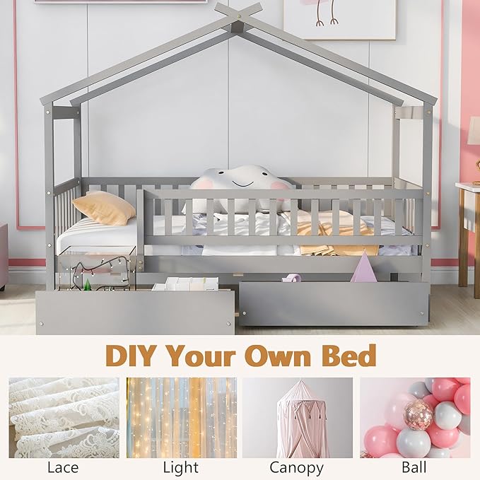 Aoowow Twin Size House Bed with Storage Drawers,Kids Wooden Bed Frame Twin House Bed with Slats and Fence for Boys Girls Teens for Bedroom(Grey)