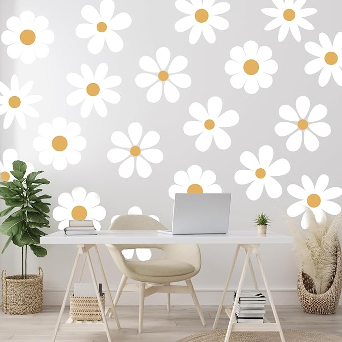 TaoBary 12 Sheets Daisy Wall Decal Flower Wall Sticker Cute Daisy Sticker Pink White Flower Decal Peel and Stick Floral Wallpaper for Nursery Bedroom Home Decor(White, Yellow,Novelty Style)