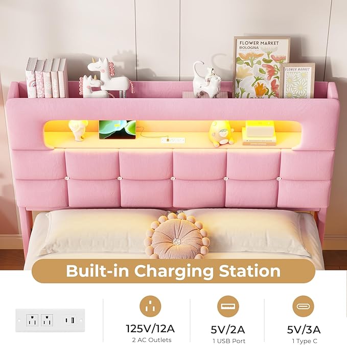 MSmask Queen Upholstered LED Bed Frame with 2-Tier Storage Bookcase Headboard, Velvet Princess Bed with Crystal Button Tufted Headboard & Charging Station, Girls Platform Bed, Curved Legs, Pink