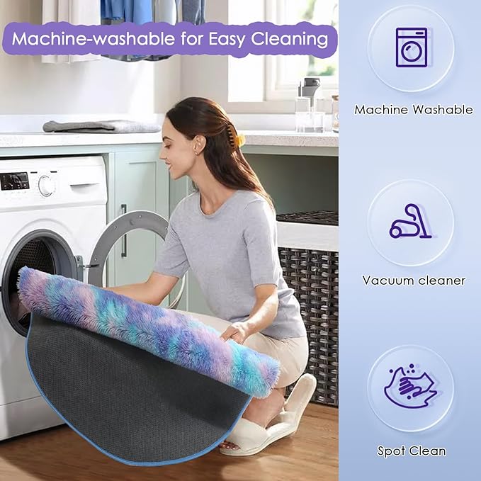 Amdrebio Purple Rainbow Round Rug 6Ft for Bedroom Girls Room Decor, Mermaid Stitch Frozen Kids Rugs for Playroom Nursery Classroom, Fluffy Fuzzy Cute Shag Carpet, Plush Circle Area Rugs for Princess