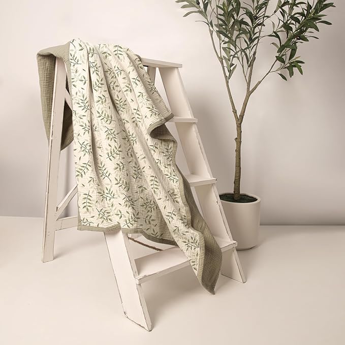 lulumoon Baby Muslin Blanket Neutral: Skin-Friendly Leaf Toddler Blanket - Ideal for Stroller 47"× 47" (Olive Branches)