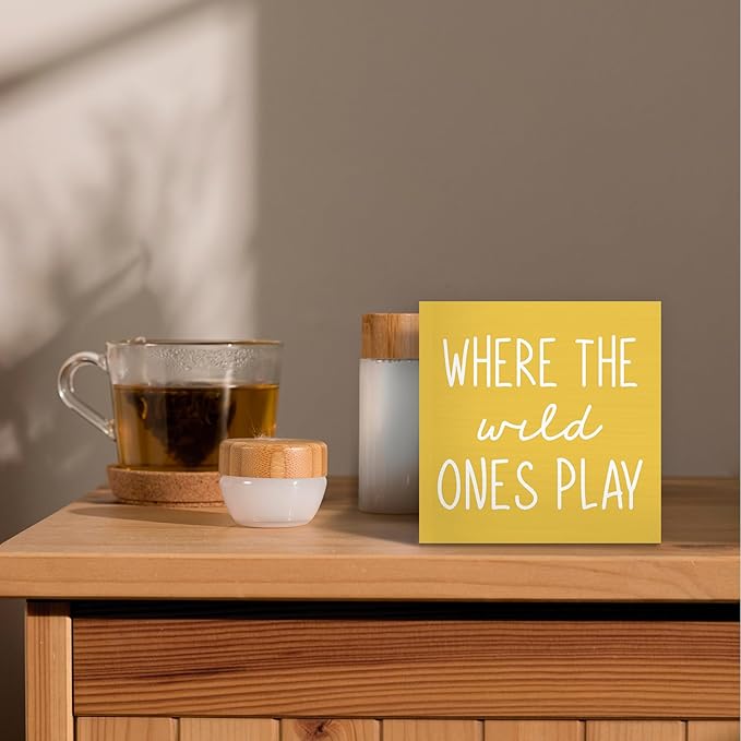 Where The Wild Ones Play Yellow Wood Box Sign Desk Decor 5X5, Nursery Kids Room Wooden Block Sign Decorations for Playroom Toddler Boys Girls Room Wall Tabletop Shelf Decor