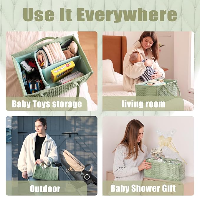 MOMINSIDE Baby Diaper Caddy Diaper Caddy Organizer, Baby Basket Nursery Storage, Portable Changing Table Car caddy organizer for Girl Boy, Baby Registry Baby Shower Gifts (Fair Green)