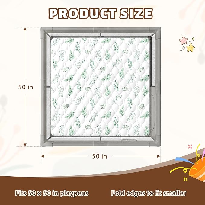 Baby Play Mat 50"x50" Extra Thick Foam Playmat - Water-Resistant Non-Slip Floor Mat & Cushioned Crawling Mat for Babies, Infants & Toddlers for Tummy Time(Green Leaf)