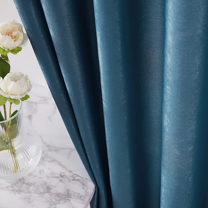 Melodieux Dark Blue Velvety Semi Sheer Curtains 96 Inch Length for Bedroom, Living Room Natural Cotton Texture Rod Pocket Window Sheer Drapes, 52 by 96 Inch (2 Panels)