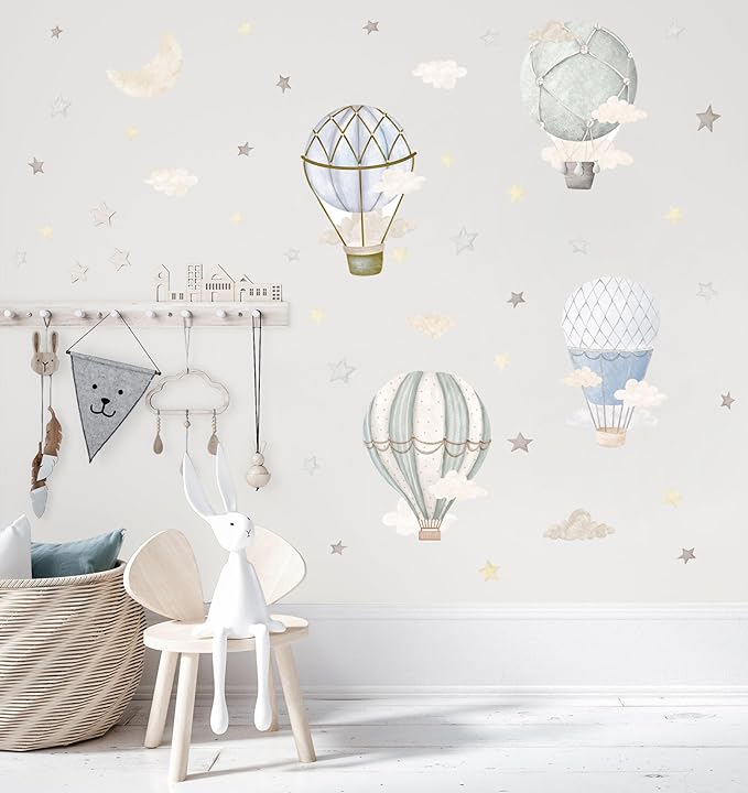 Watercolor Hot Air Balloon Wall Decals, Stars Clouds Balloon Vinyl Wall Stickers, Peel and Stick Colorful Artwork for Nursery Bedroom Toddler Room Playroom Decor