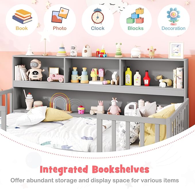 KOMFOTT Twin Floor Bed with Bookcase & Shelves, Wood Bed Frame with Bedside Bookshelves & Guardrails, Versatile 2-in-1 Montessori Floor Bed for Kids (Grey)