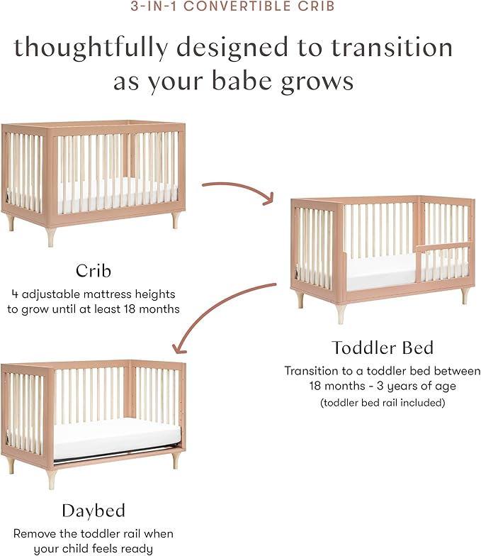 Babyletto Lolly 3-in-1 Baby Crib Convertible to Toddler Bed & Daybed, GREENGUARD Gold Certified, 4 Adjustable Heights - Includes Toddler Conversion Kit, Made of 100% Solid Wood - Canyon/Washed Natural