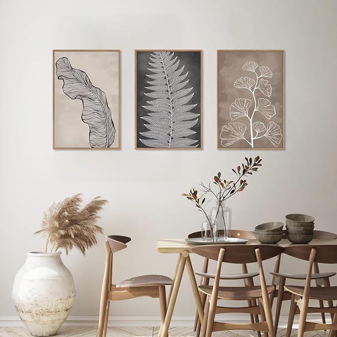HLNIUC Botanical Neutral Framed Wall Art Set, Abstract Fern Leaf Canvas Wall Decor, Vintage Rustic Plant Wall Painting, Black Beige Nature Art Print for Living Room, Bedroom, Office - 24"x36"x3