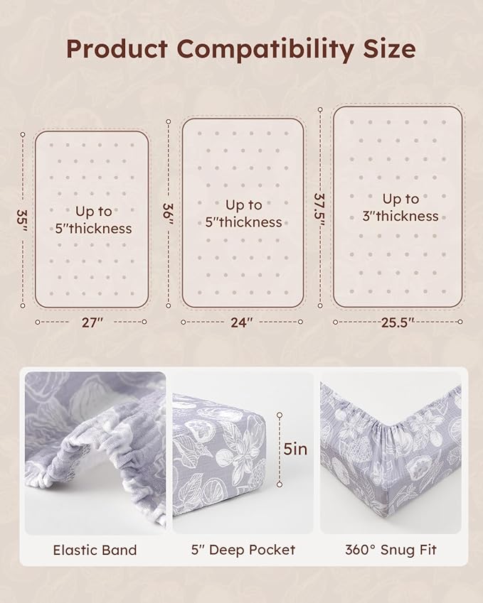Yoofoss Muslin Pack and Play Sheets Fitted, Organic Mini Crib Sheets for Boys Girls, Playard Sheet Compatible with Pack N Play Mattress, Soft, Breathable and Durable 38"x26"