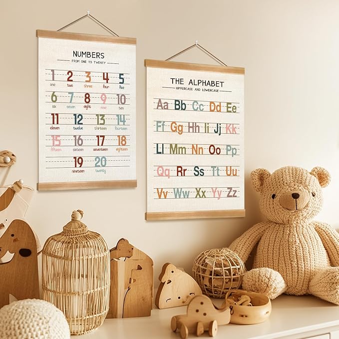 ZTGDA Alphabet Numbers Poster Set of 2, Children's room Wall Art, ABC Banner Poster, Letter Banner Wall Hanging Decor for Toddler Room Playroom Nursery Wall Classroom Decor 12x16inch(123&ABC-01)