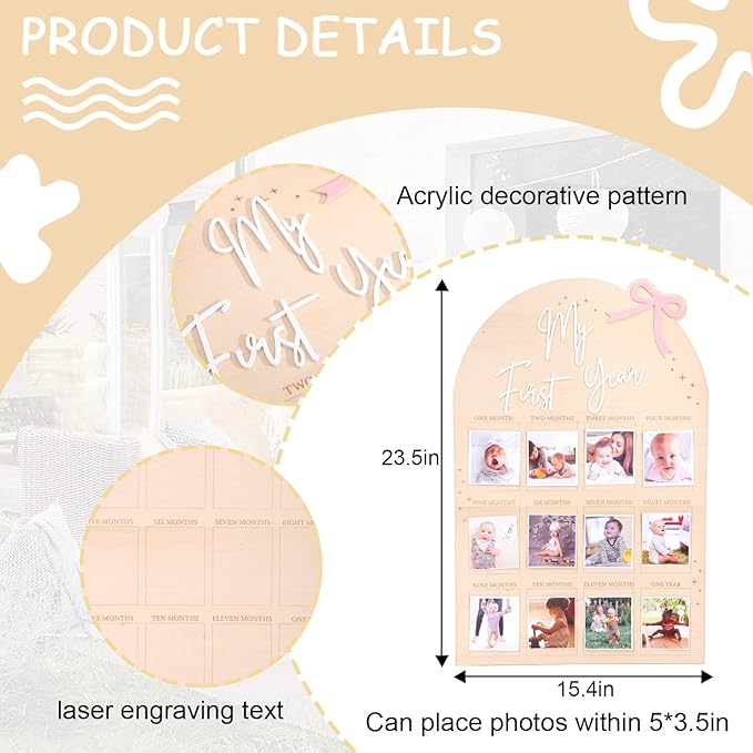 WAUAO Bow My First Year Birthday Board - One Year Of Photo Board,Monthly Milestone Wood Photo Board,First Birthday Decorations Girl,12 Months Photo Banner