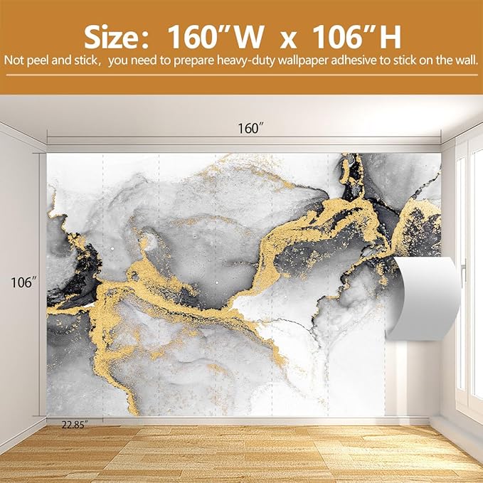 Black Gold Marble Wallpaper Abstract Ink Art Large Background Mural Living Room Office（Not Peel and Stick）
